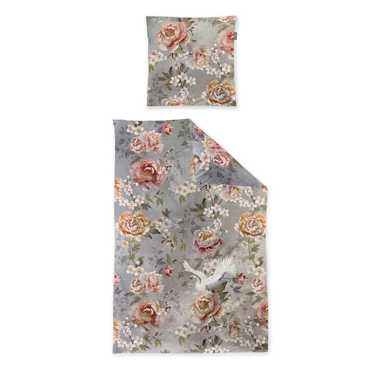 Bettwäsche Mako Satin Wave Grau mit Blumenmuster 135 x 200 cm