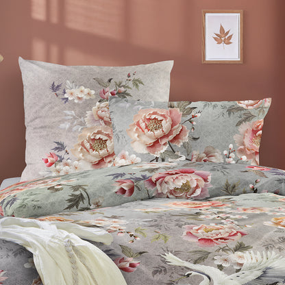 Irisette Mako Satin Bettwäsche Wave 8782-90 Rosen Kranich grau 135x200