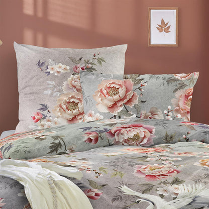 Bettwäsche Mako Satin Wave Grau mit Blumenmuster 135 x 200 cm