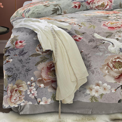 Bettwäsche Mako Satin Wave Grau mit Blumenmuster 135 x 200 cm