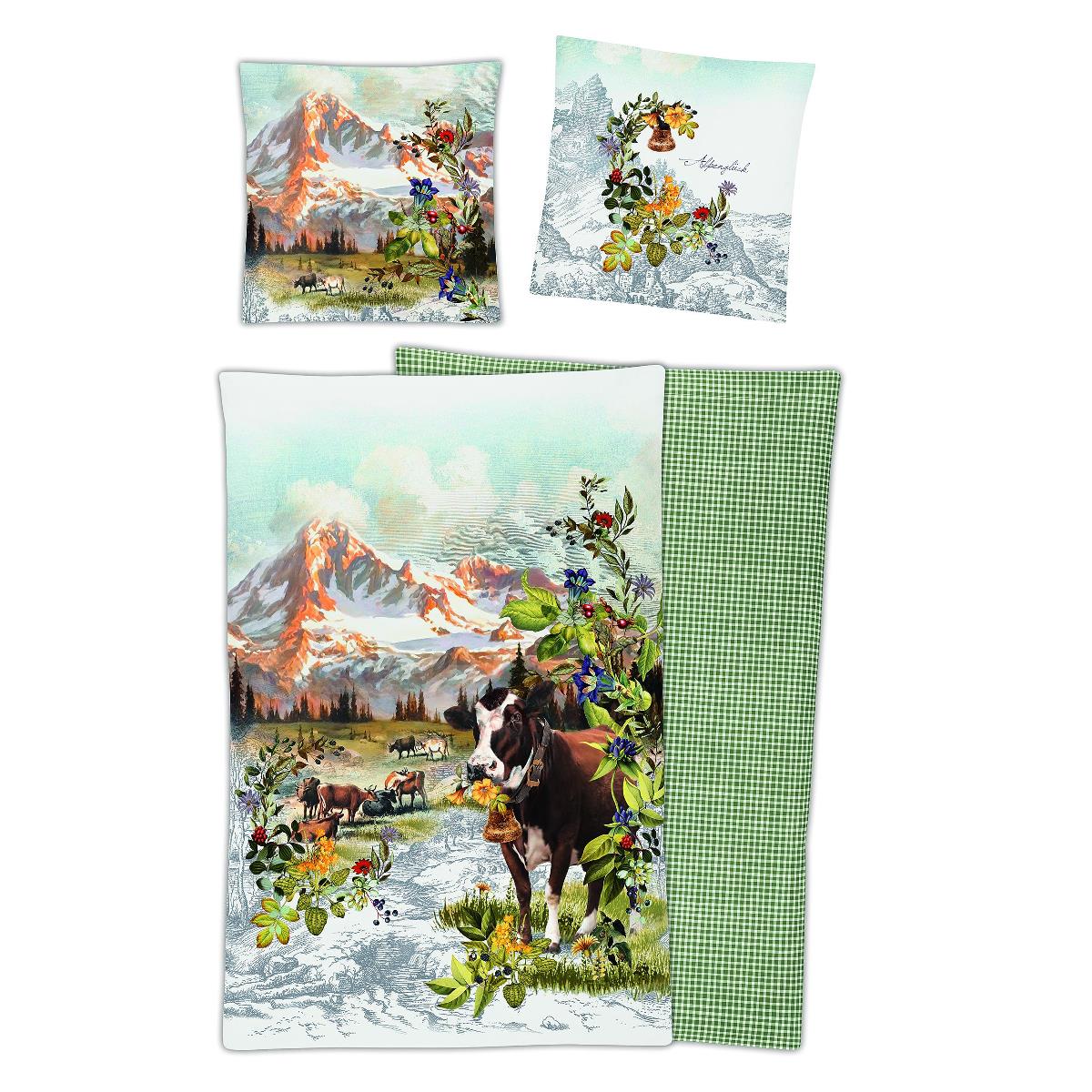 Irisette Satin Bettwäsche 8843-90 Alpenglück Wiese Kühe Berge 135x200