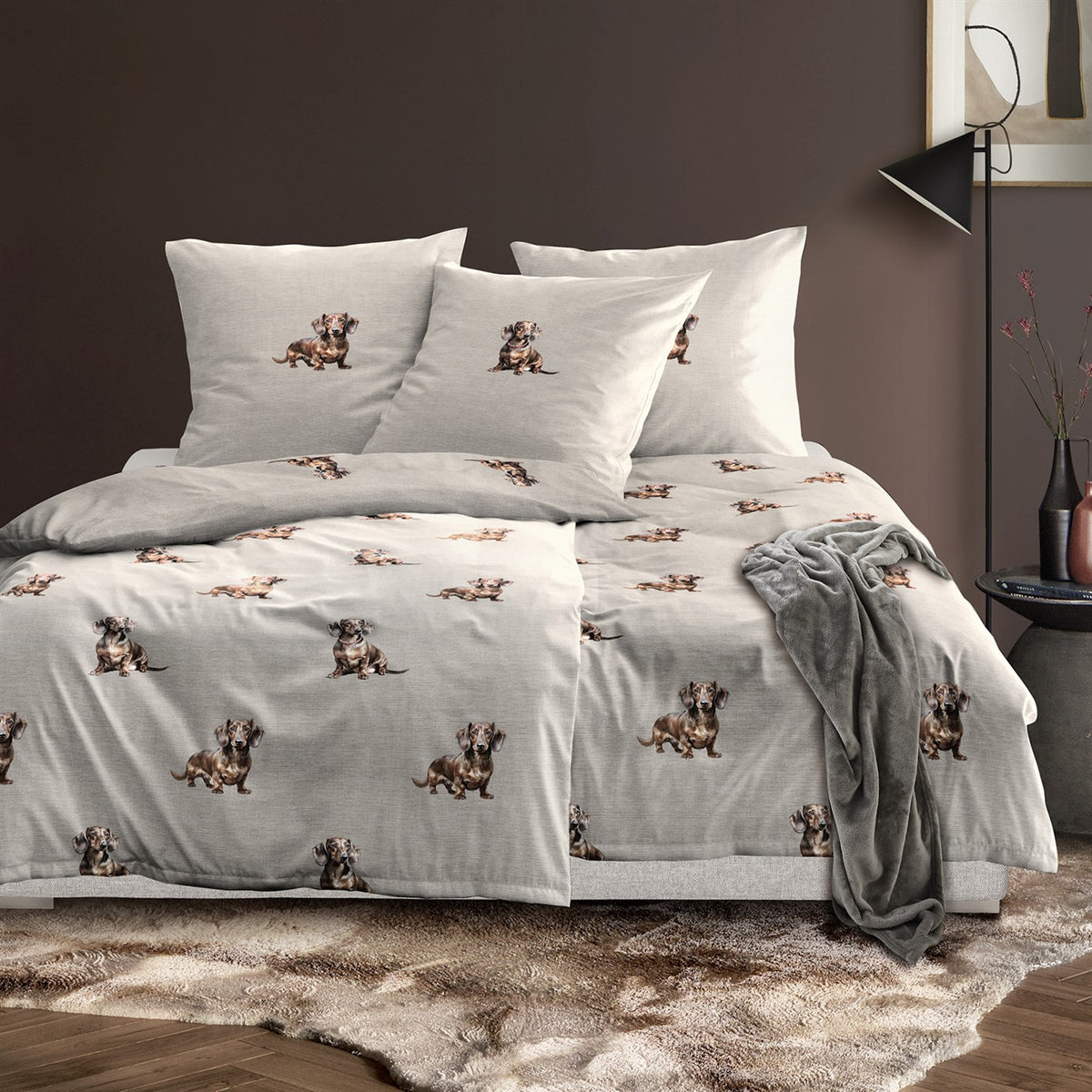 Bettwäsche Flausch Cotton Zobel Natur mit Dackelmotiv 135 x 200 cm