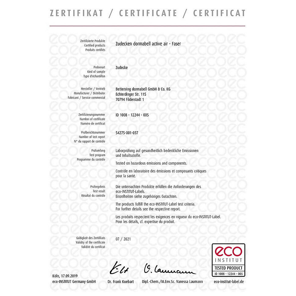 Dormabell Active Air Duett Bettdecke Eco Institut geprüft 135x200