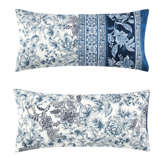 Kissenbezug Mako Satin Capodimonte Blau mit floralem Muster 40 x 80 cm
