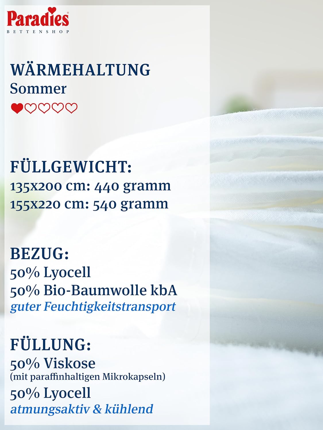 Paradies Cool Comfort Bio kühlend Sommer Bettdecke Sommerdecke 135x200