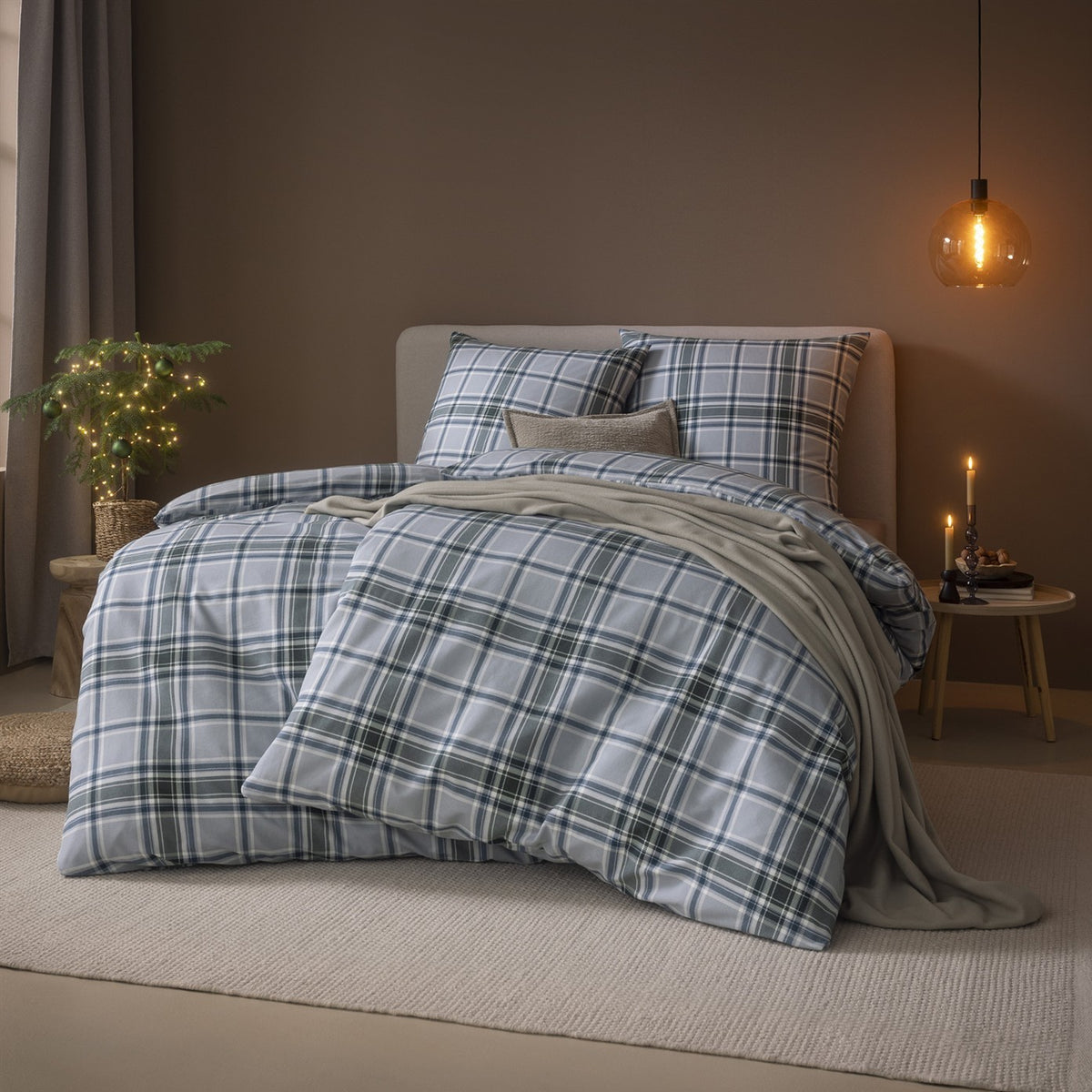 Bettwäsche Flanell Celestia Grau mit Karomuster 155 x 220 cm