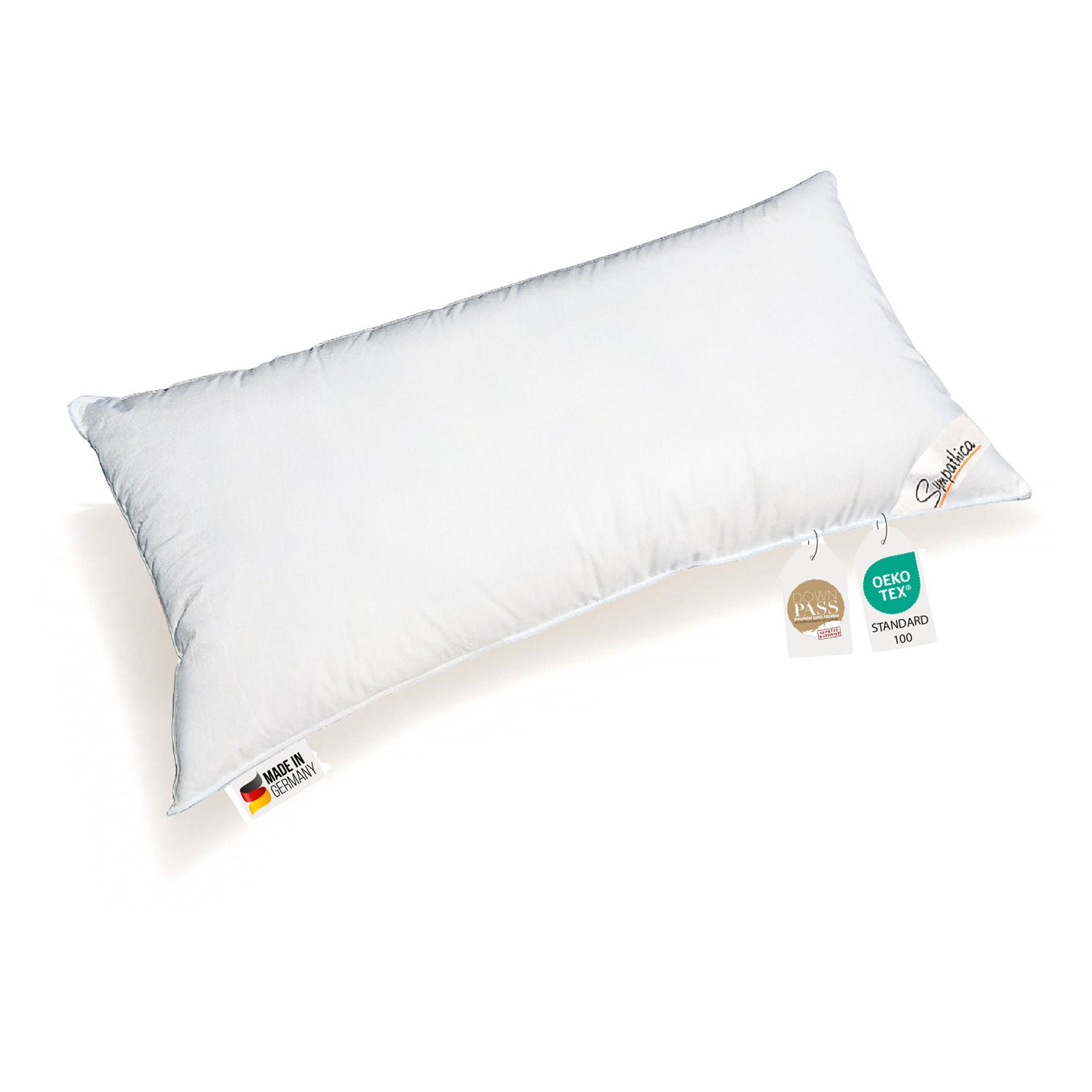 Ein weißes Kopkissen 40x80 gefüllt mit Daunen besteht aus drei Kammern