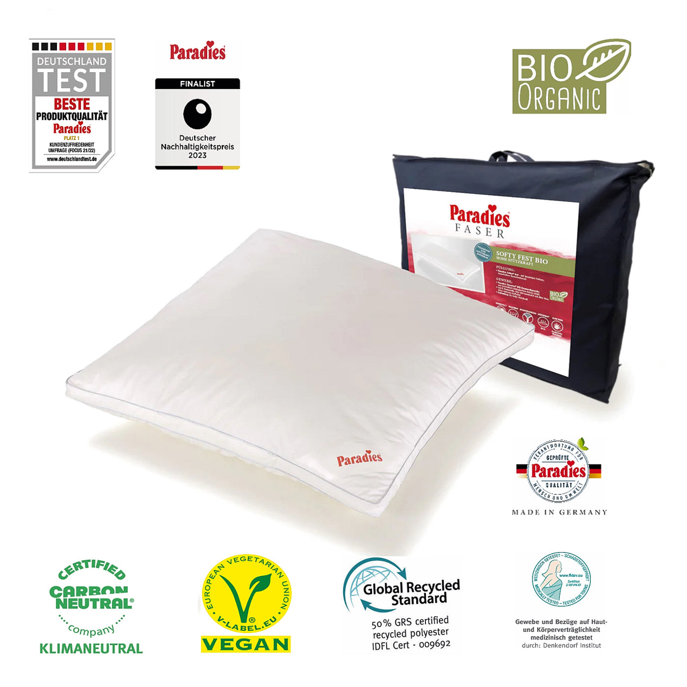 Paradies Kopfkissen Softy Bio fest 80x80 hohes Bauschvolumen Außensteg