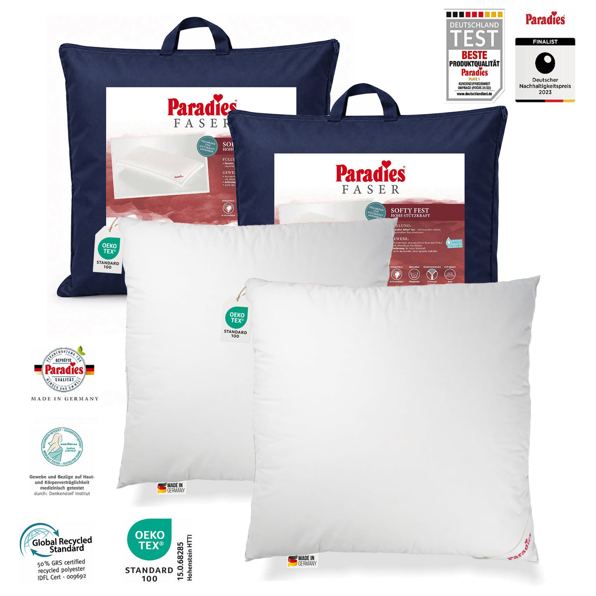 2 x Paradies Kopfkissen Softy fest 80x80 hohes Bauschvolumen Außensteg
