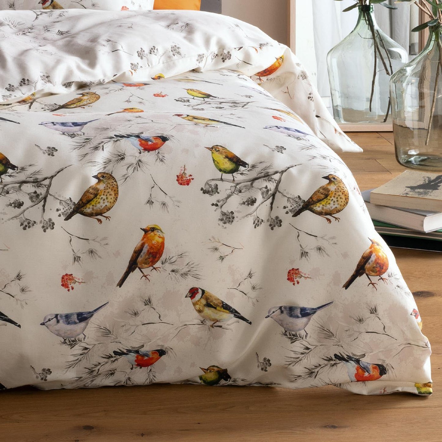 Bettwäsche Mako Satin Sympathica 11477 Vögel natur blau gelb 135x200